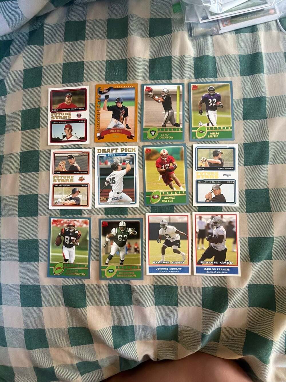Lot of 12 Assorted 2004-2005 Topps NFL and MLB Rookie and Prospect Trading Cards